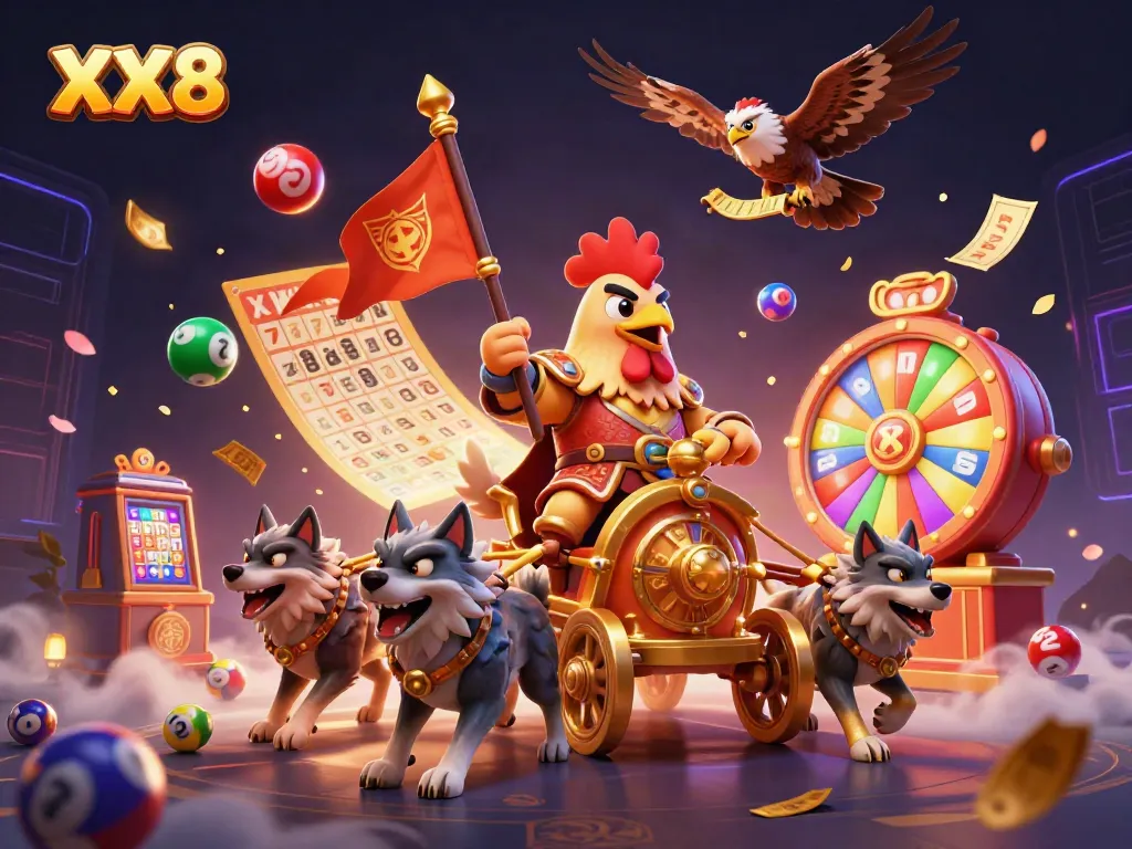 Win with XX8's vibrant gaming scene featuring a cartoon rooster warlord and dynamic casino elements.