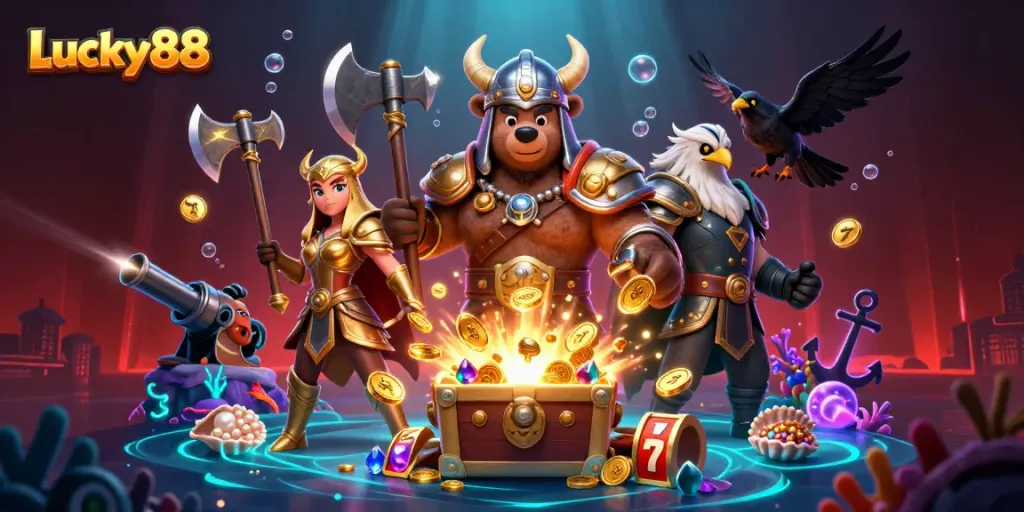 Experience thrilling slot action with Lucky88, featuring vibrant characters and golden riches.