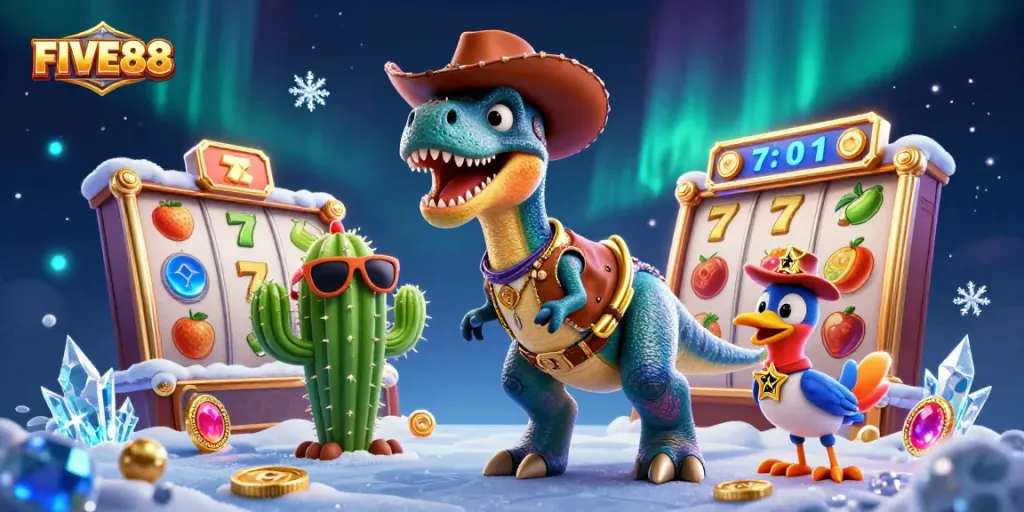 Spin the reels at FIVE88 with a lively 3D dinosaur theme showcasing slots excitement and casino elements.