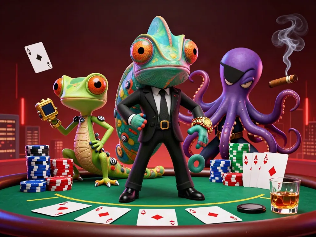 Win at 789club with vibrant poker elements featuring a secret agent chameleon and gadgets.