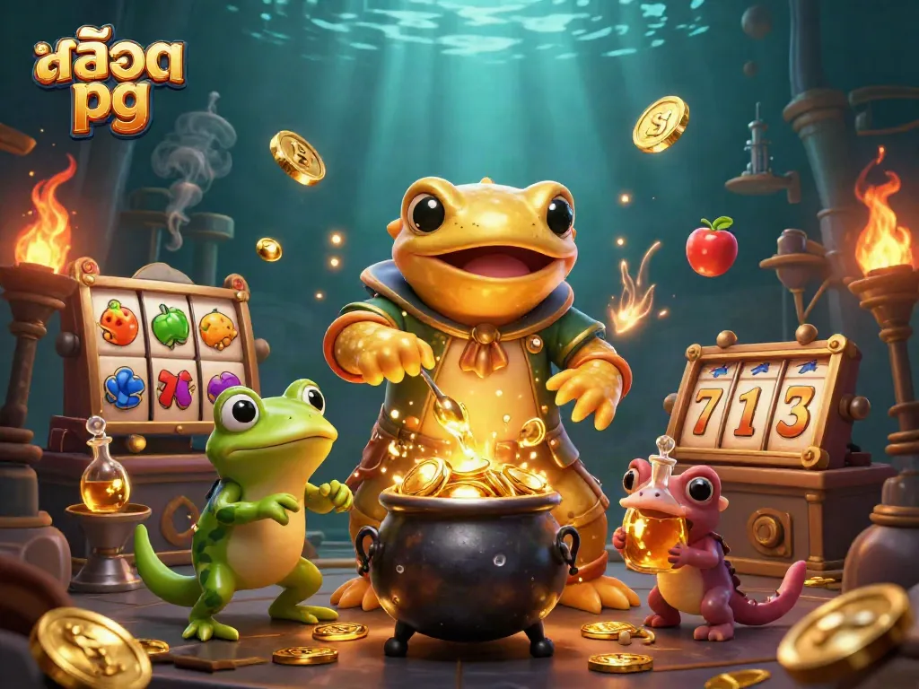 Spin the สล็อต pg reels with a golden salamander alchemist amid bubbling cauldrons and gold coins.