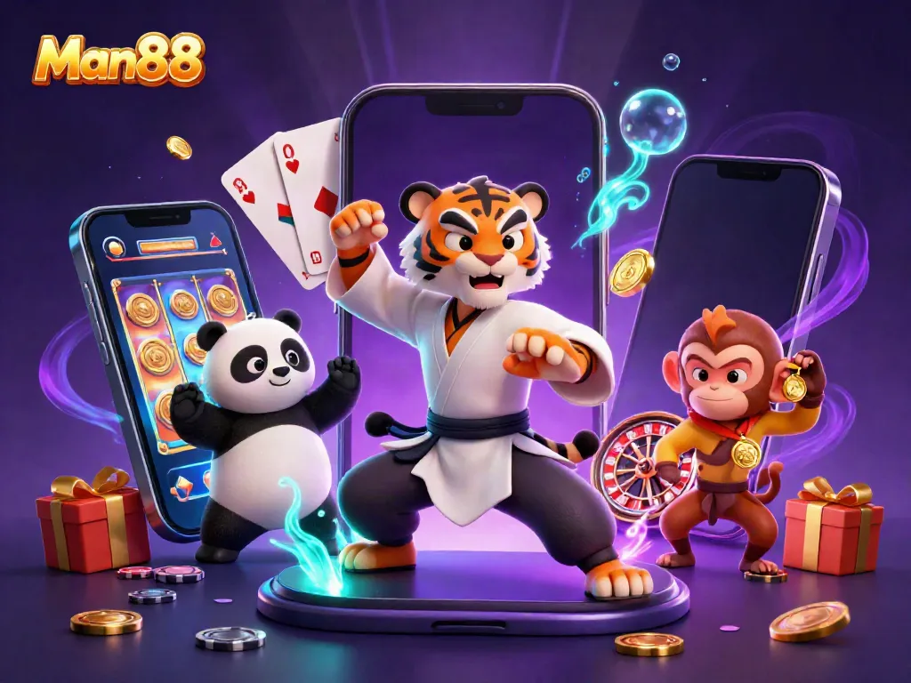 Experience thrilling moments at Man88 with a kung fu tiger, panda, and lively gambling elements.