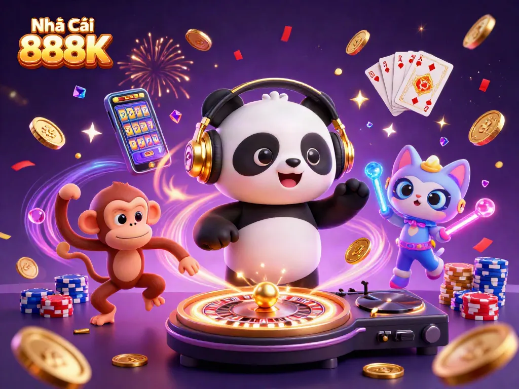 Engage in thrilling moments at Nhà Cái 888K with vibrant characters and dynamic casino elements.