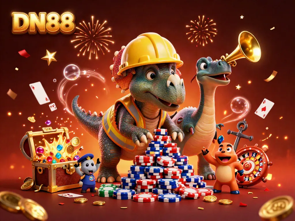 Celebrate wins at DN88 with a vibrant scene of gaming excitement featuring dinosaurs and casino elements.