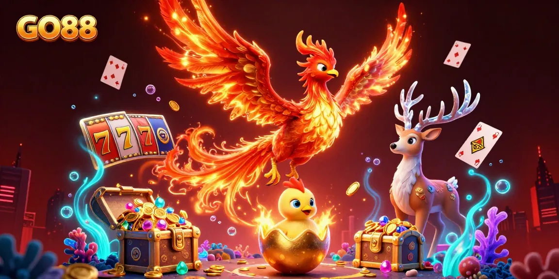 Go88 captures the excitement of slot games with a vibrant phoenix scene and dynamic casino elements.