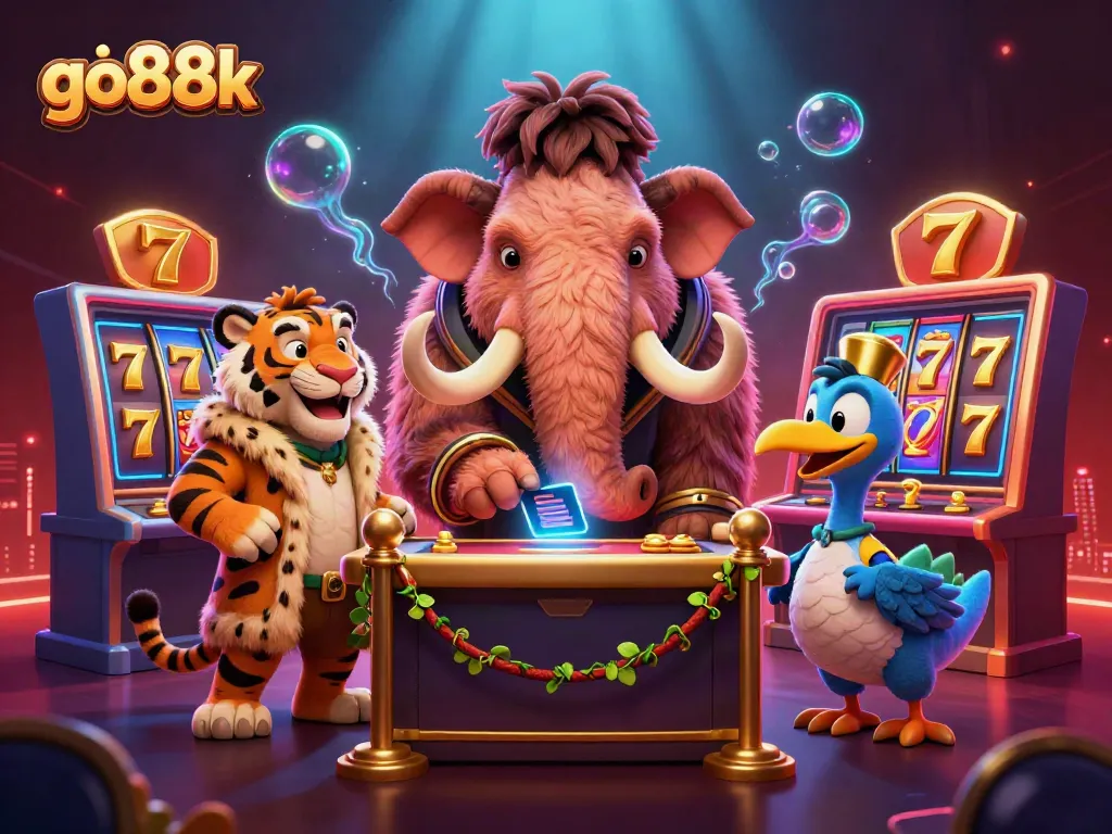 Experience the excitement of go88k with a vibrant 3D rendering of a cartoon casino scene featuring unique characters.