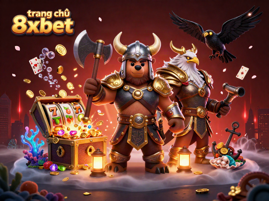 Experience the adventure of slots at trang chủ 8xbet with a Viking and Valkyrie in a dynamic scene.