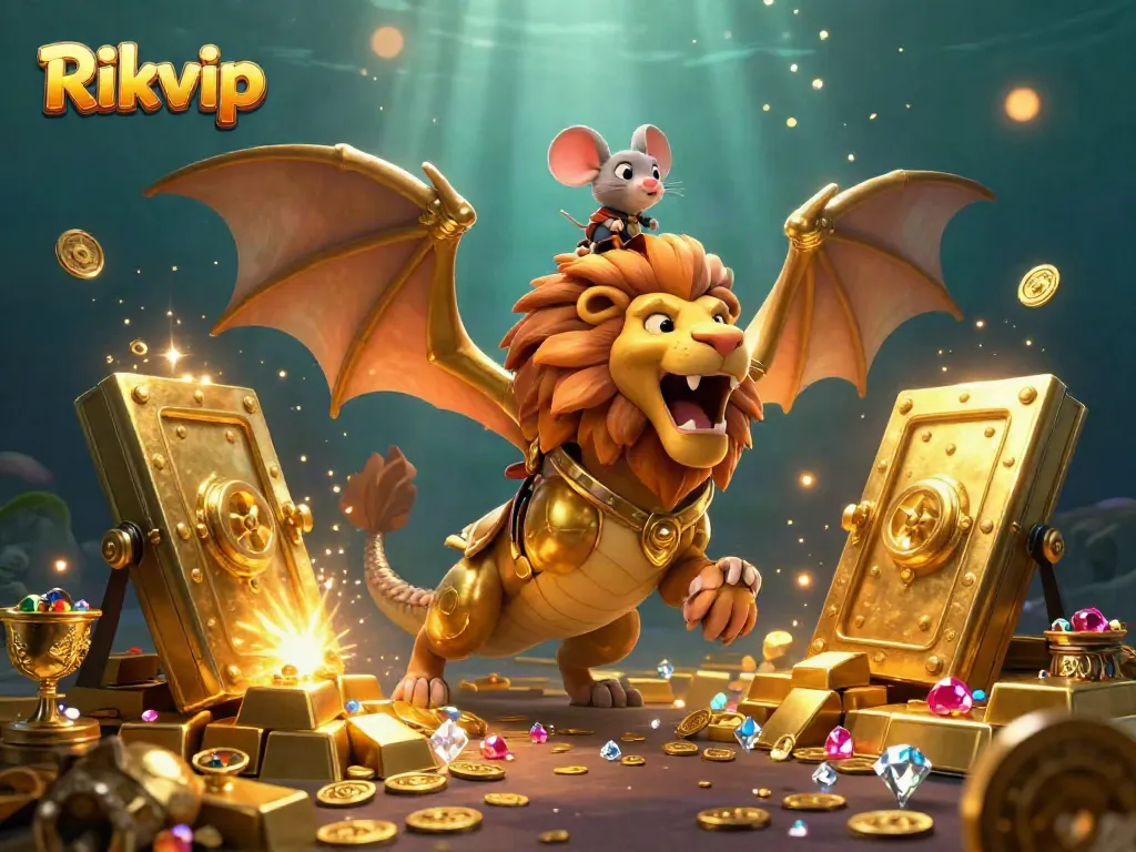 Engage in thrilling gameplay at Rikvip, illustrated with a chimera and treasure in a vibrant casino scene.