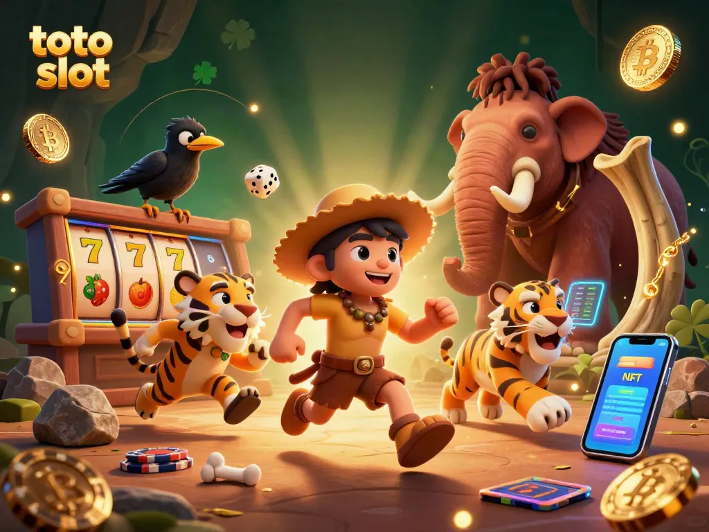 Play exciting toto slot games in a vibrant, prehistoric-themed casino environment full of rich detail.