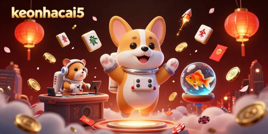 Experience the excitement of keonhacai5 with a floating astronaut corgi amidst a dynamic casino scene.