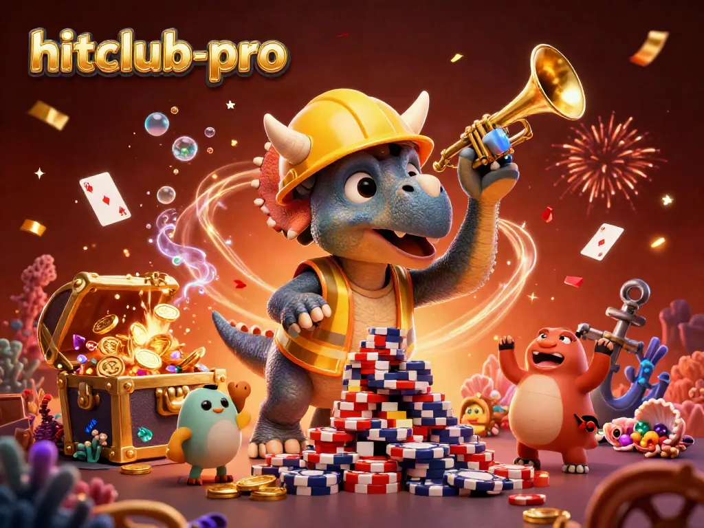 Engage in hitclub-pro with 3D characters celebrating a poker game amidst treasure and confetti.