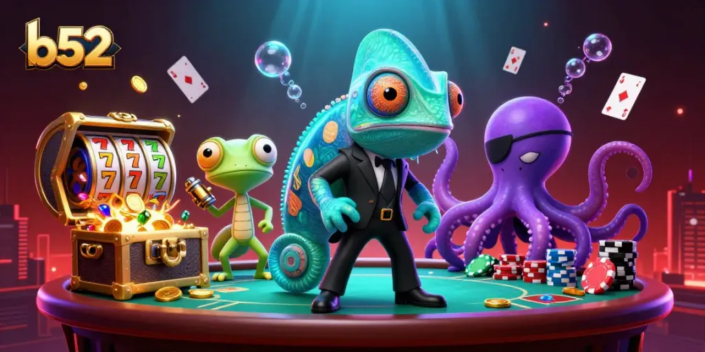 Engage in thrilling b52 casino action with vibrant characters collecting treasures and playing cards.