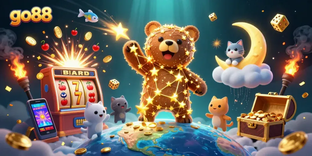 Join the excitement of go88 with golden coins, vibrant casino elements, and a bear constellation