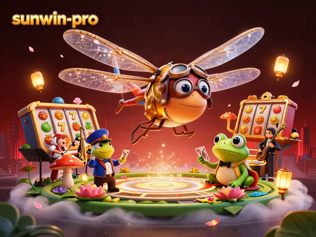 Spin the reels in the vibrant sunwin-pro casino scene with cartoon dragonfly pilot and lively frog dealer.