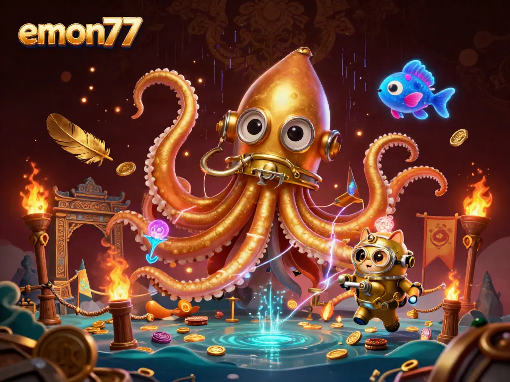 Experience gaming excitement with emon77 featuring a kraken, diving cat, and deep-sea fish.