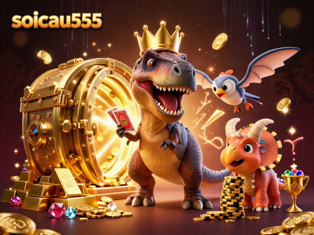 Engage with soicau555 as a T-Rex shuffles cards while a baby triceratops stacks golden chips in a thrilling casino scene.