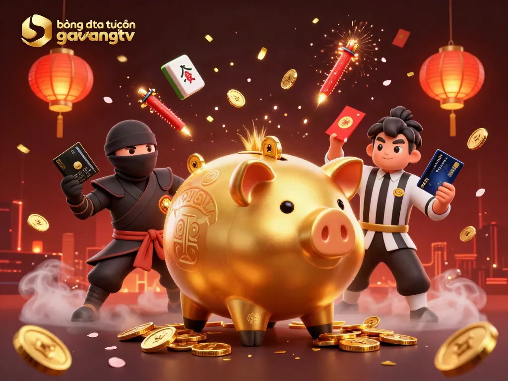 Experience bóng đá trực tuyến gavangtv with a dynamic scene featuring a golden piggy bank wrestler amidst rich casino elements.