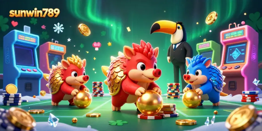 Experience thrilling gaming action at sunwin789 with vibrant pangolin characters, poker chips, and arcade elements.