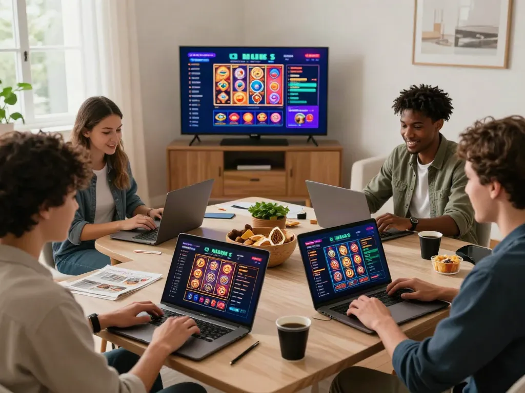 Engaging diverse group at home using the trang chủ da88 online gaming platform, showcasing vibrant casino games.