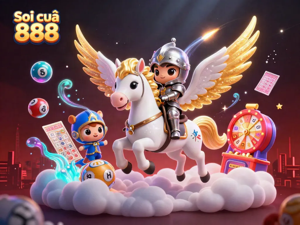 Soi cầu 888 showcases a fantasy illustration with a celestial horse and knight in a vibrant lottery-themed scene.