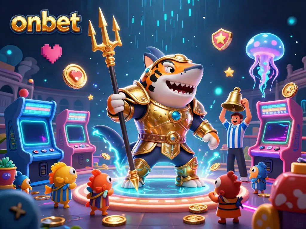 Experience thrilling gameplay at onbet with a lion-like shark in gladiator gear amidst arcade machines.