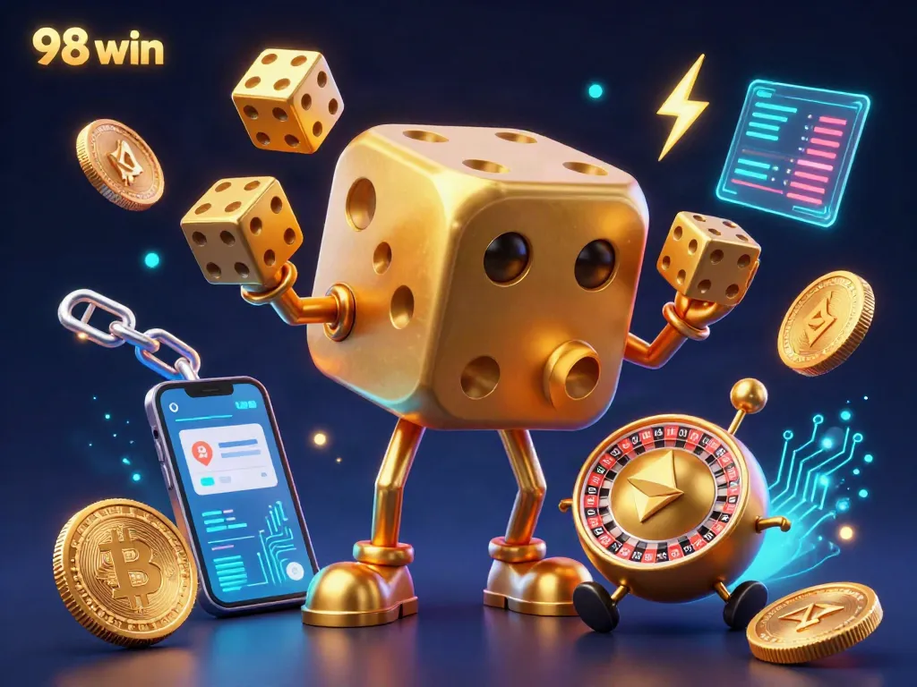 Engage with 98 win as golden dice juggle alongside crypto elements in a vibrant casino scene.