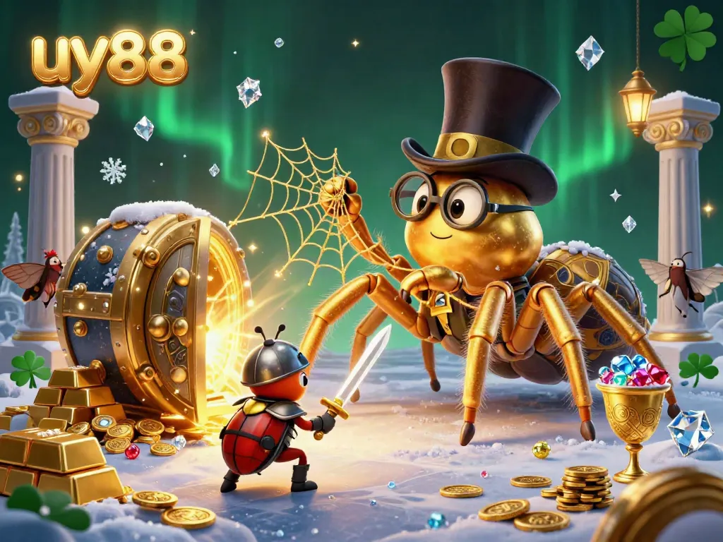 Experience thrilling gameplay at uy88 with a dynamic scene of a giant tarantula and beetle knight amidst sparkling treasures.