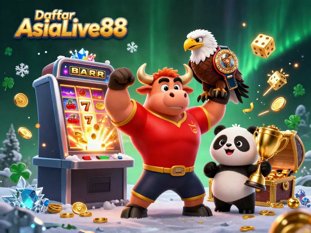 Engage with Daftar AsiaLive88's live casino and slot games amidst vibrant casino-themed characters.
