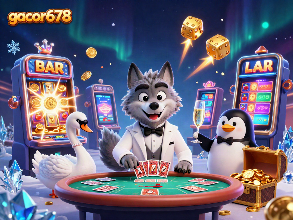 Engage in big wins at gacor678 with a lively casino scene featuring animated characters and vibrant games.