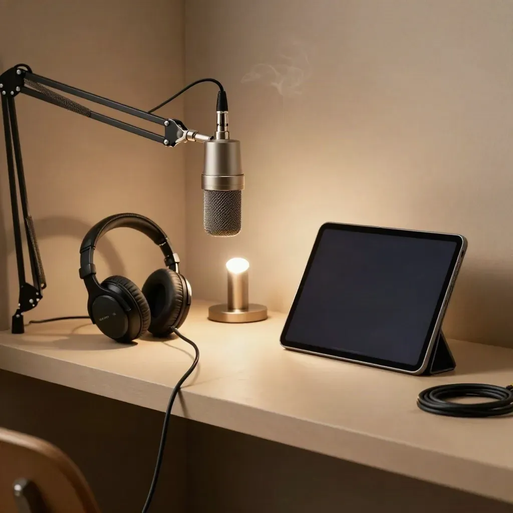 Mikrofon, słuchawki i tablet w ciemnym studiu przed webinarem na żywo.