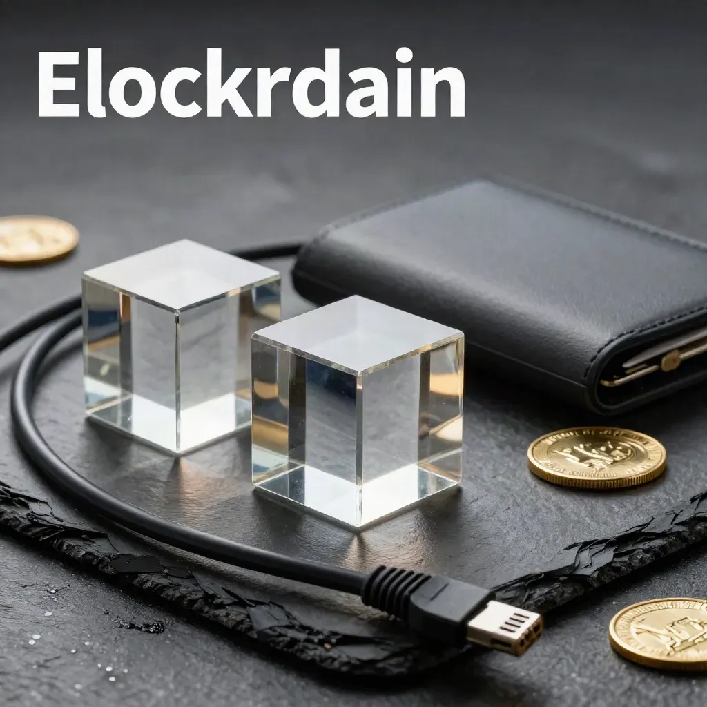 Transluczne bloki blockchain, portfel sprzętowy i monety na mokrym łupku o świcie.
