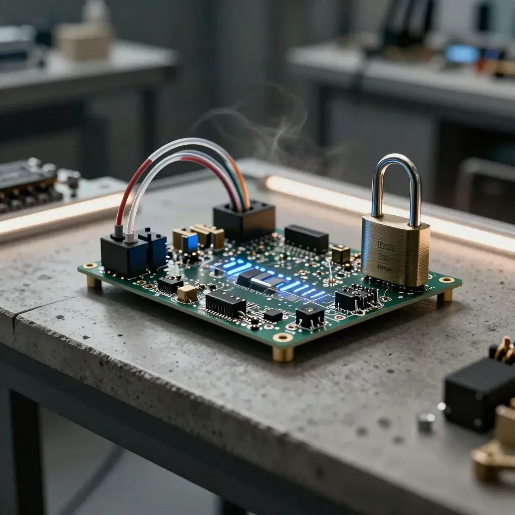 Płytka elektroniczna z przekaźnikiem i modułem zamka błyska niebieskim impulsem.