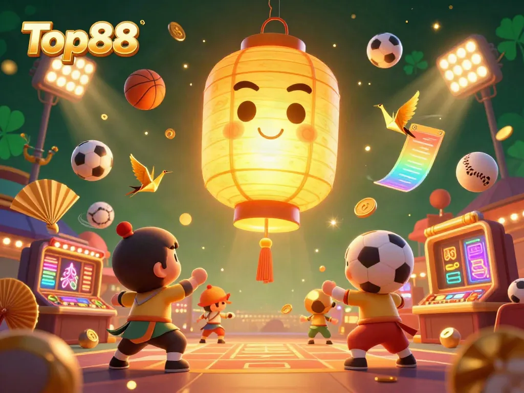 Experience thrilling moments at Top88 with golden lantern spirit and dynamic sports elements.