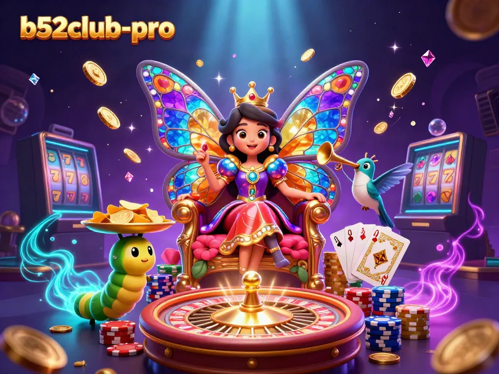 Engage with b52club-pro's dynamic casino scene featuring a butterfly queen and sparkling game elements.