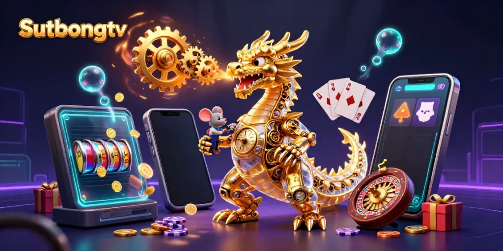 Sutbongtv features an engaging 3D art scene with a golden dragon and casino elements, showcasing gaming excitement.