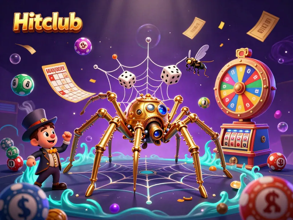 Experience the excitement of Hitclub with a vibrant, dynamic 3D casino gaming illustration filled with colorful lottery elements and characters.