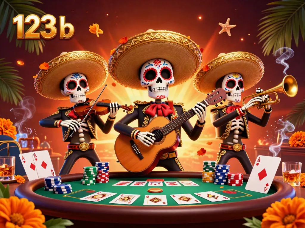 Experience the vibrant festivities of 123 b through lively 3D illustration showcasing a mariachi band and poker elements.
