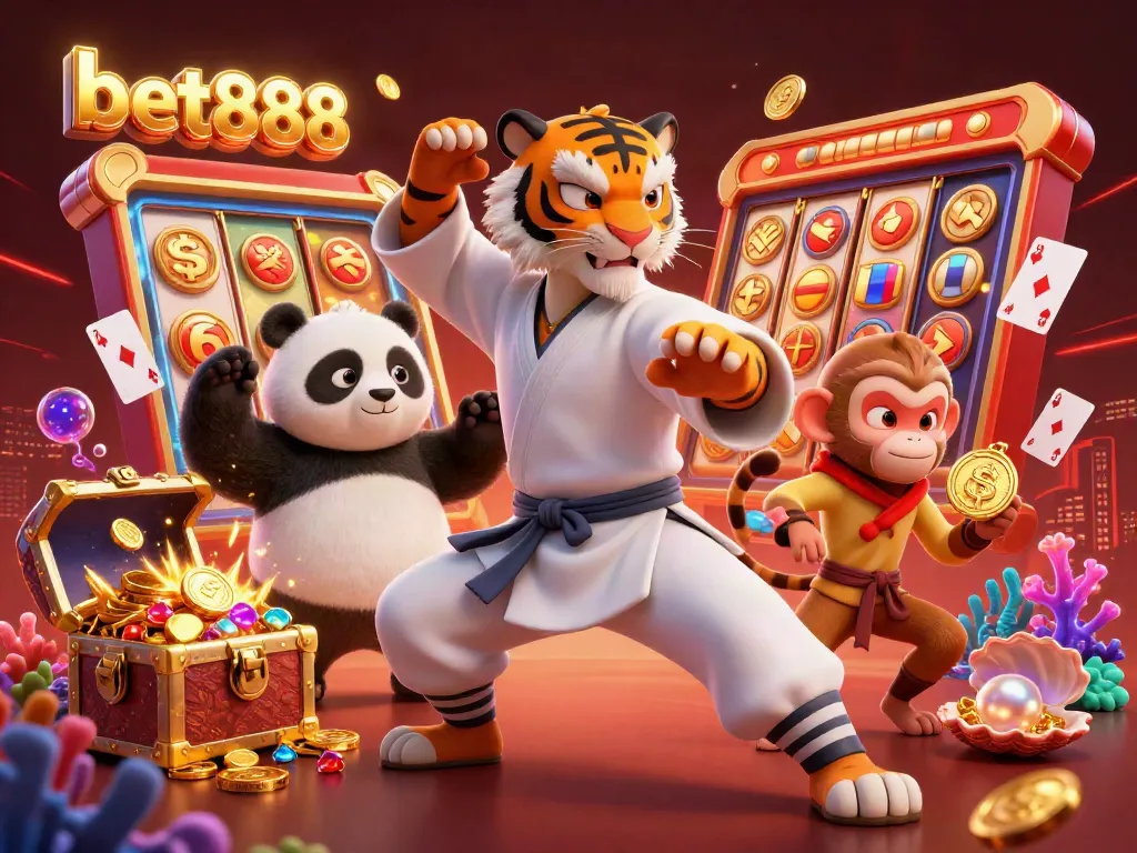 Experience thrilling casino adventures with bet888 showcased through a vibrant 3D illustration featuring game elements and a dynamic cast.