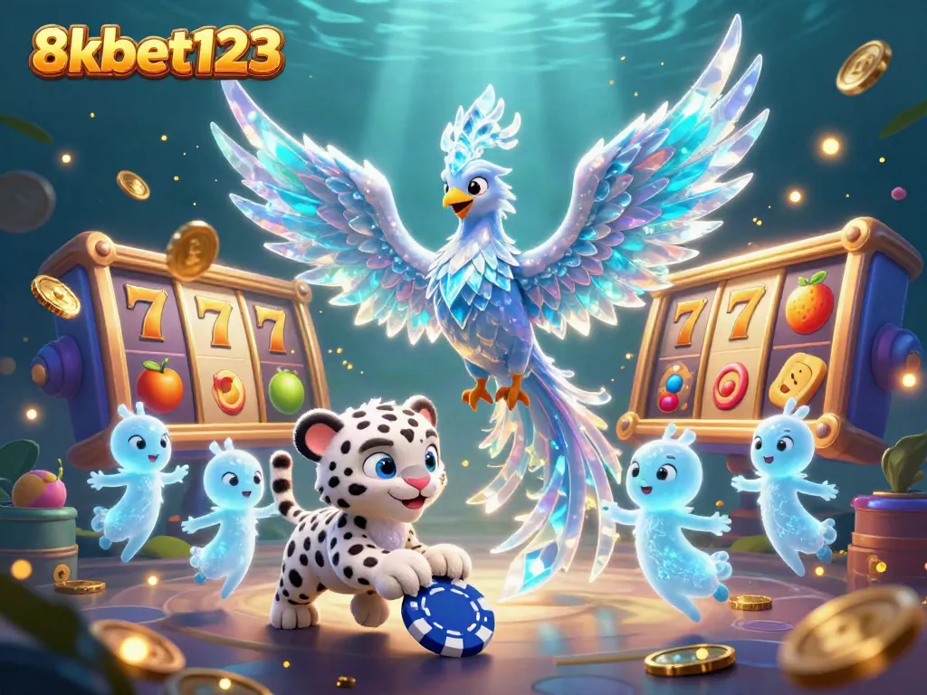 Experience mesmerizing gaming with a vibrant illustration featuring 8xbet123, showcasing dynamic slot reels and an enchanting phoenix.