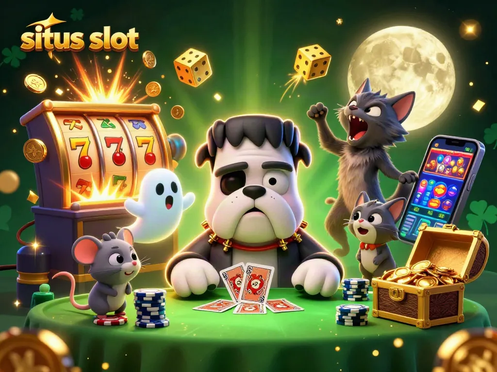 Engaging illustration showcasing situs slot excitement with a cartoon bulldog and winning slot machines