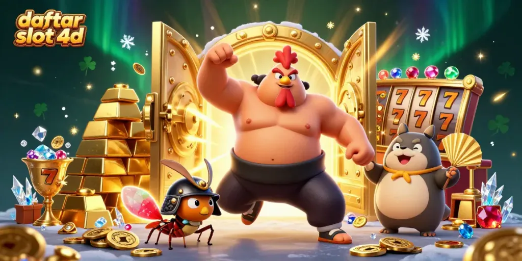Visualisasi daftar slot 4d dengan ayam sumo dan juru pengumum dalam suasana kasino yang cerah.