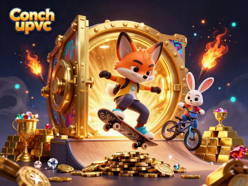 Enhance your space with Conch upvc through this dynamic illustration featuring playful 3D characters amidst golden casino elements.