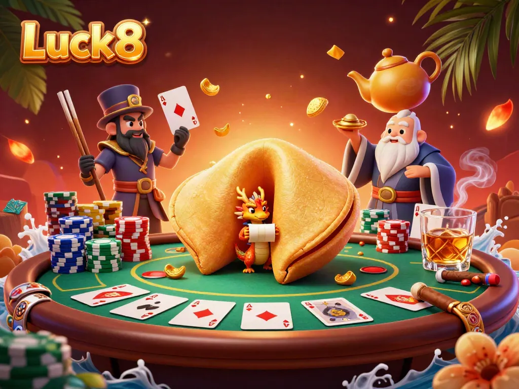 Engage with Luck8's thrilling casino experience featuring a wise dragon amidst poker and gold.