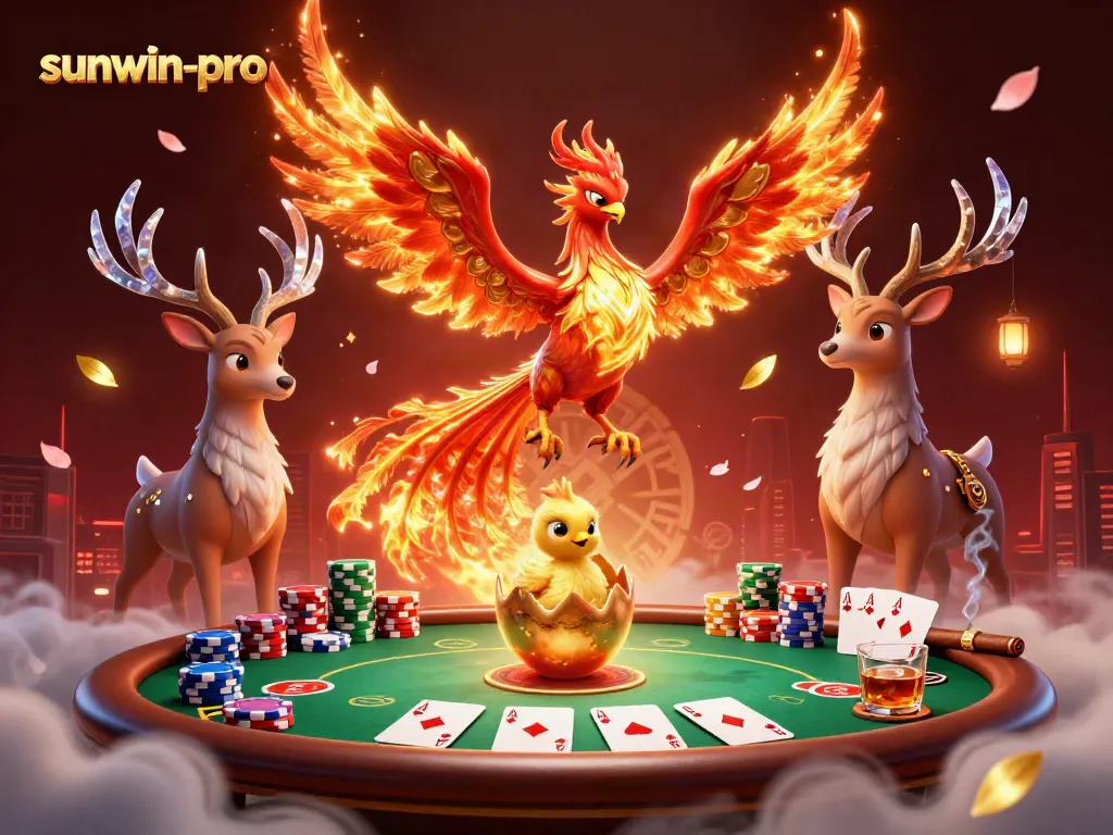 Experience thrilling gameplay with sunwin-pro, as fiery phoenixes and poker elements come alive in a vibrant casino scene.