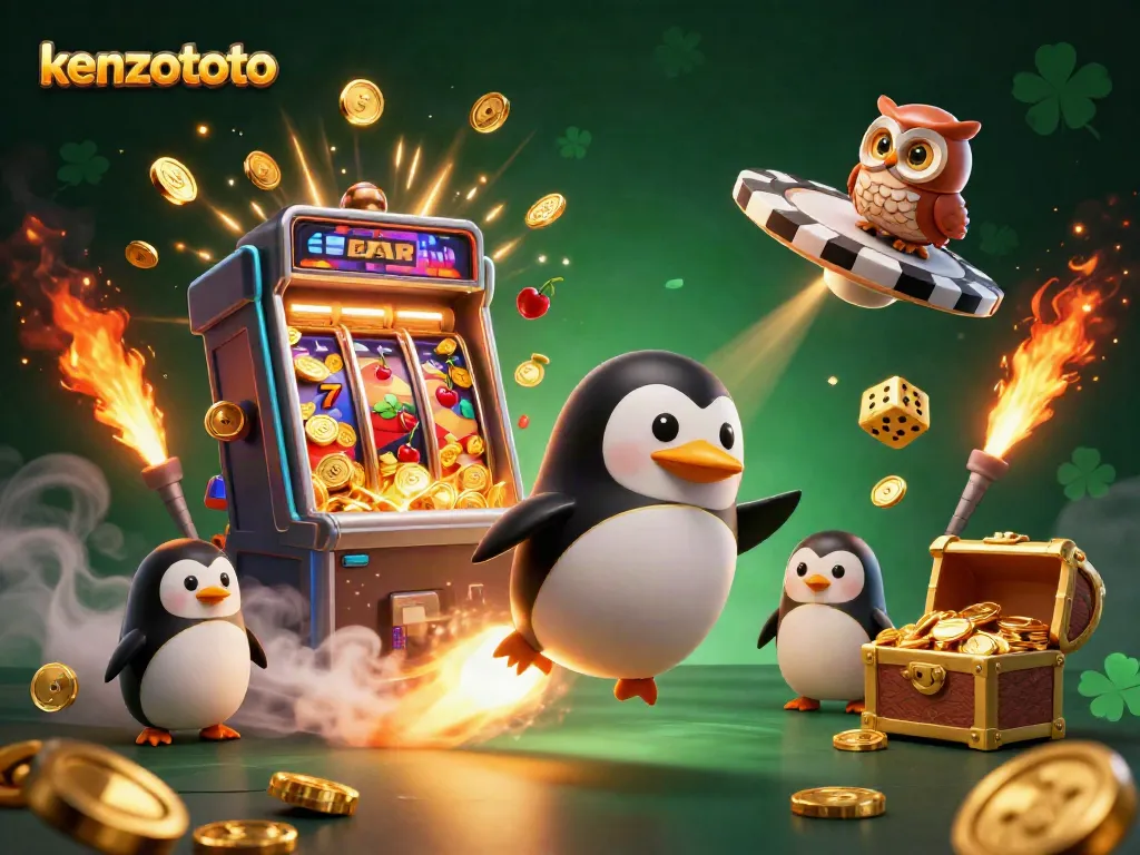 Kenzototo rocket-powered penguin racing towards a casino space station, bursting with excitement.
