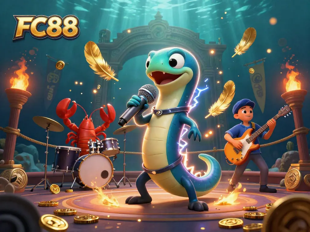 Experience lively undersea casino action with FC88’s vibrant illustration of a DJ eel and band.