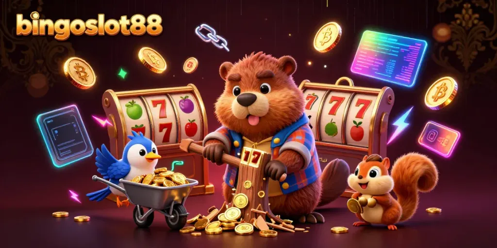 BINGOSLOT88 menawarkan visual menarik dengan karakter ceria dan elemen slot, mewakili keseruan permainan.