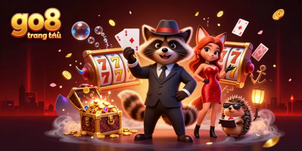 Experience excitement in go8 trang chủ with a suave raccoon, elegant fox, and bouncer in a vivid casino scene.