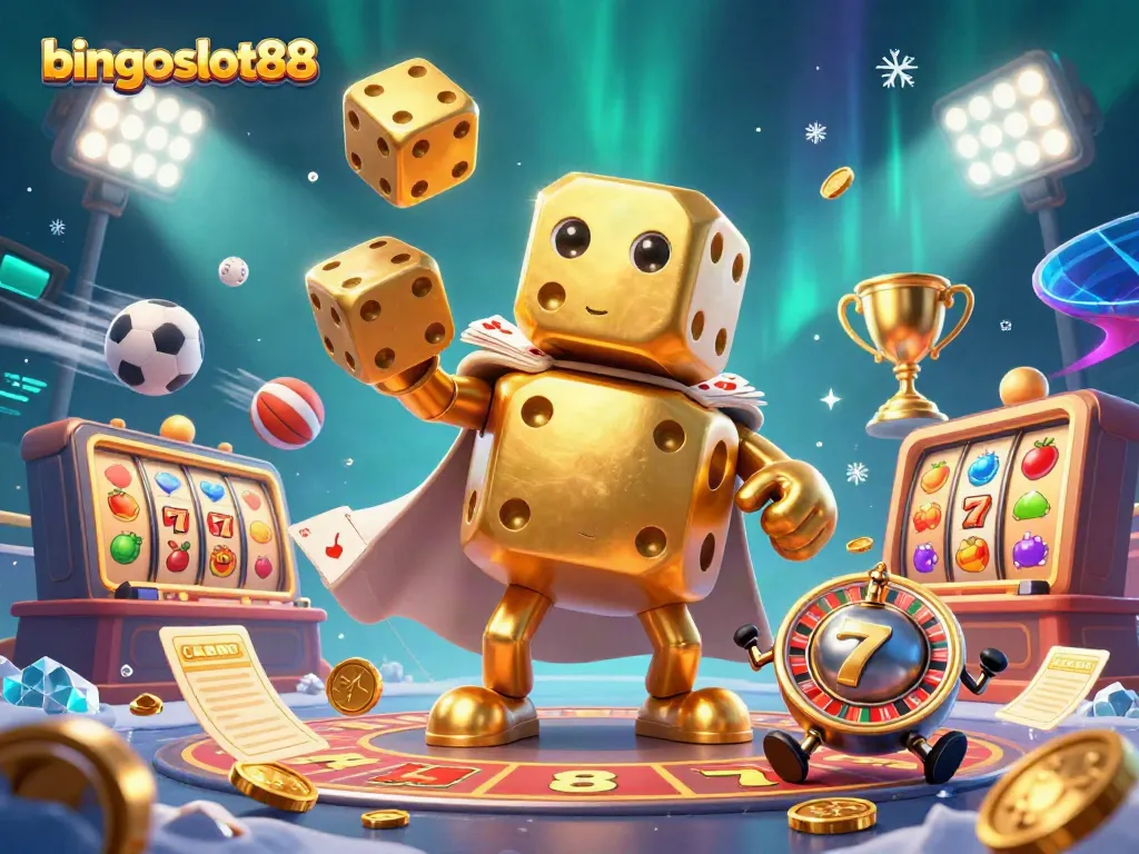 Jelajahi keseruan bingoslot88 melalui ilustrasi kasino tiga dimensi yang hidup dengan karakter unik dan elemen permainan.