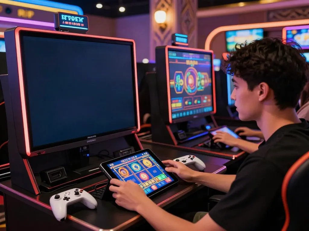 Player engaged with high RTP slot machines in a modern gaming setting